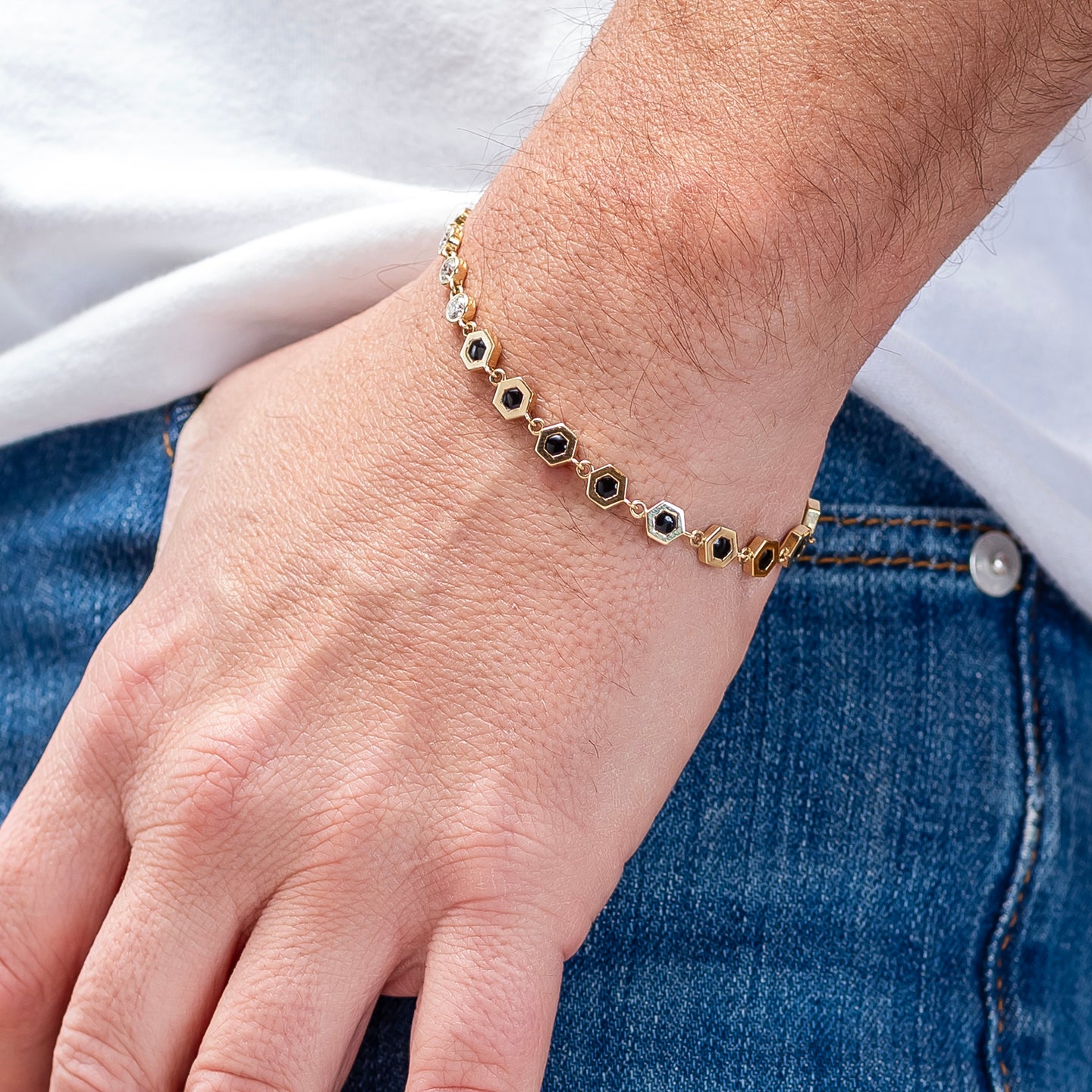 Luis Morais Carved Diamond and Hexagon Gemstone Bracelet