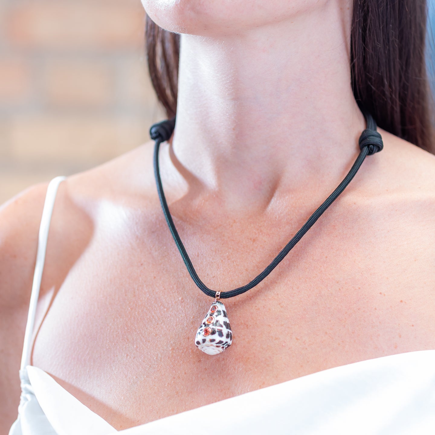 Dezso Black Cord Necklace with Conus Shell Charm with Sapphires