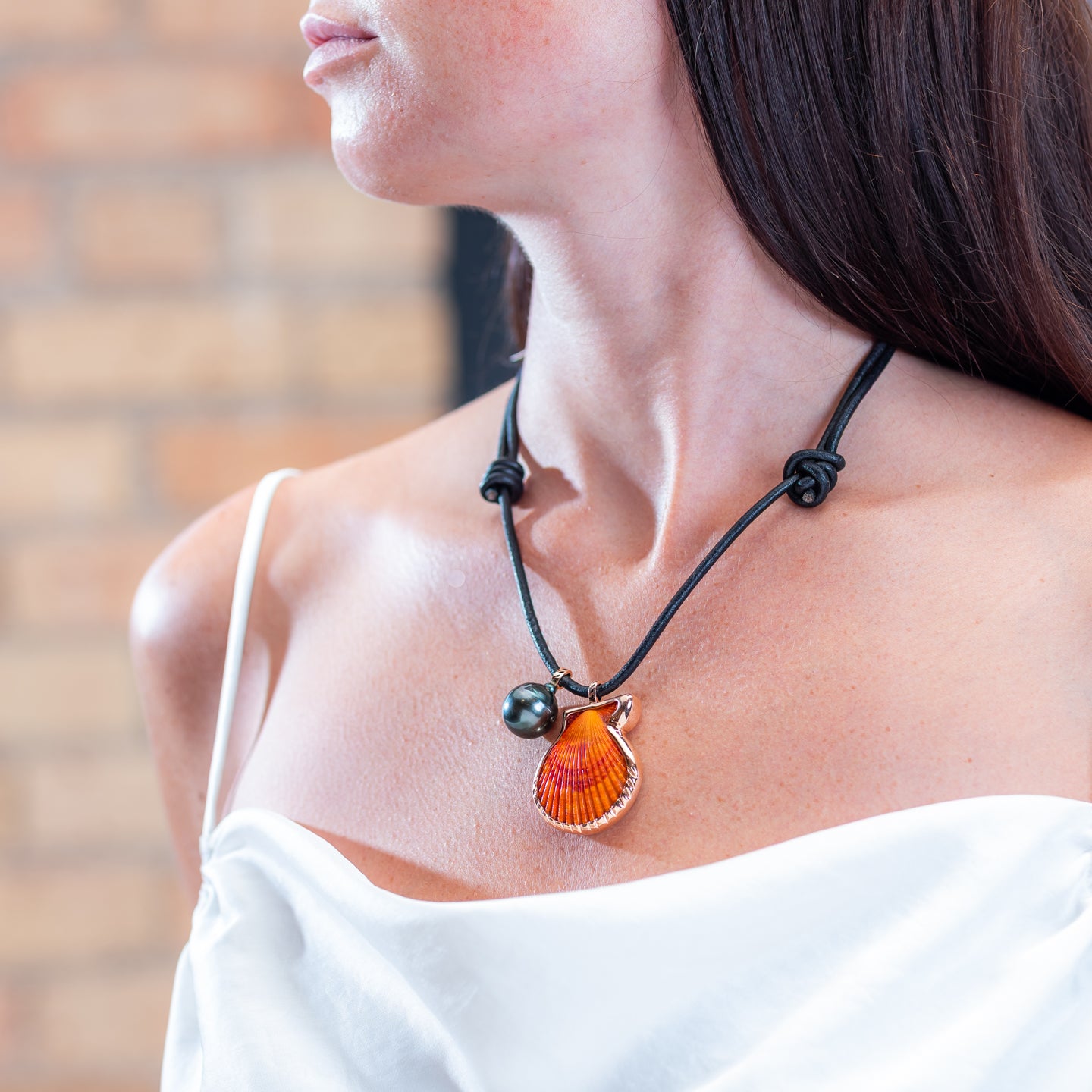 Dezso Leather Cord Necklace with Grande Natural Clam Shell Charm and One-of-a-Kind Grey Pearl Pendant