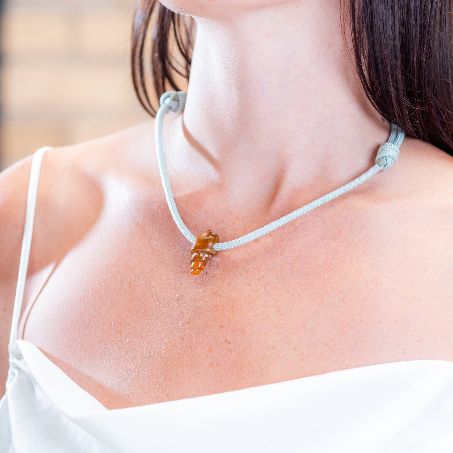 Dezso Coral Bead with Diamonds on Grey Cord Necklace