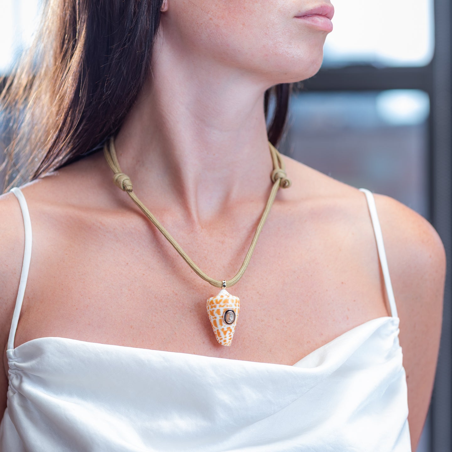 Dezso Tan Cord Necklace with Natural Shell Pendant with Sillimanite