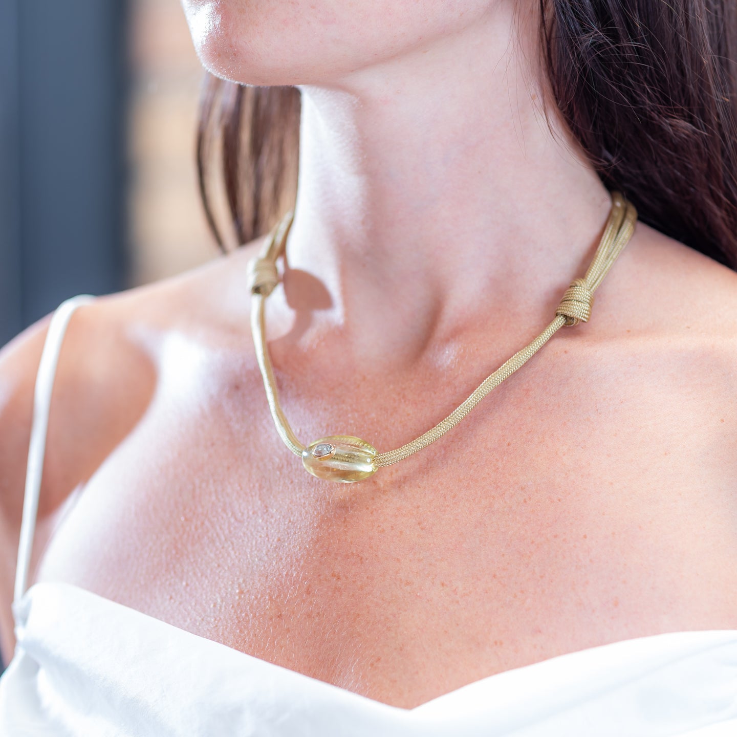 Dezso Classic Lemon Quartz Bead with Sillimanite on Tan Cord Necklace