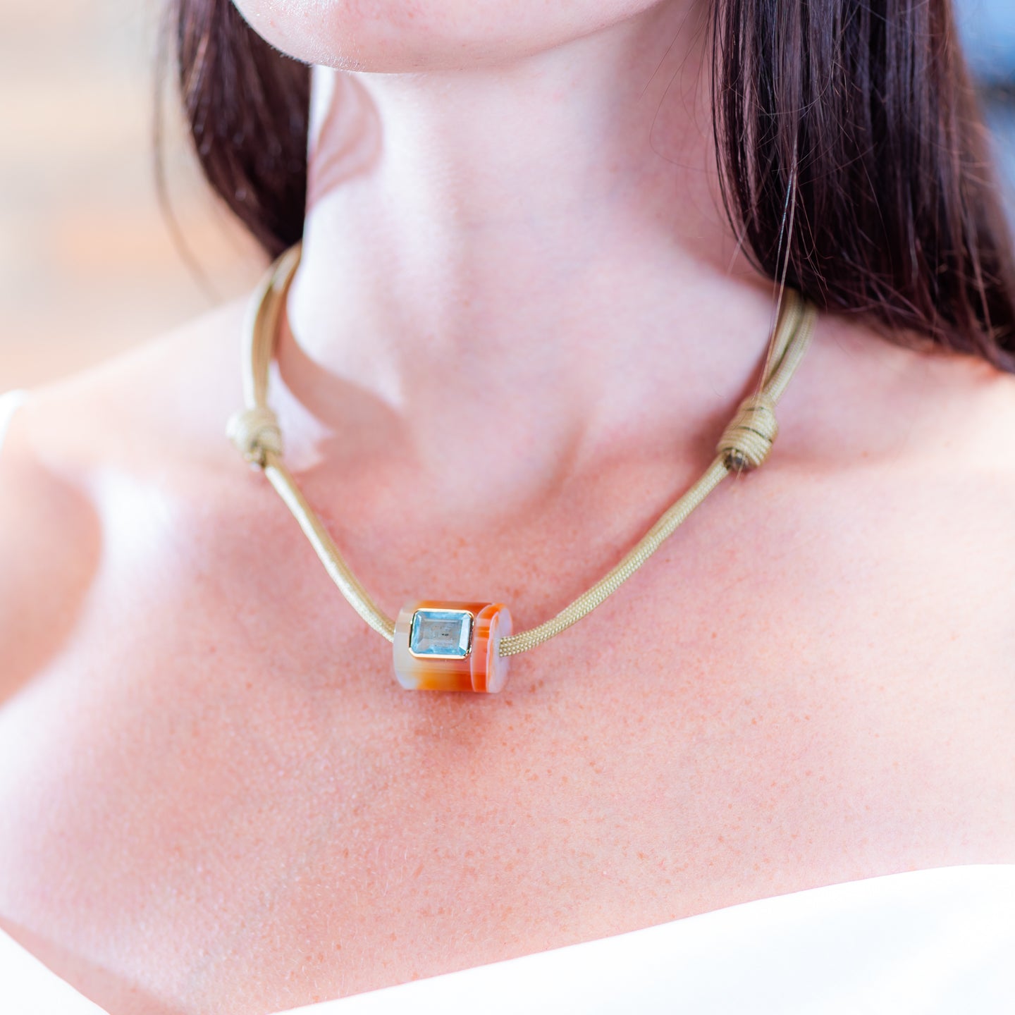 Dezso Agate Bead with Aquamarine on Tan Cord Necklace