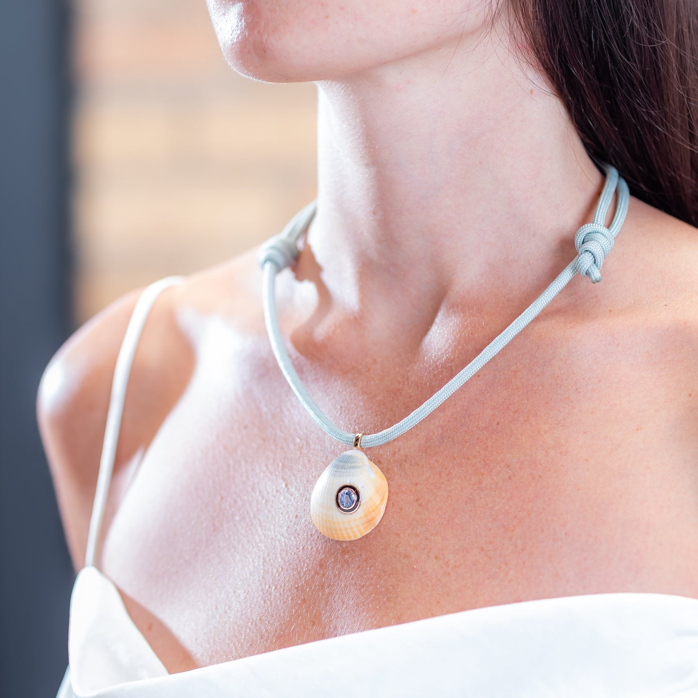 Dezso Natural Anadara Shell Charm with Blue Sapphire on Grey Cord Necklace