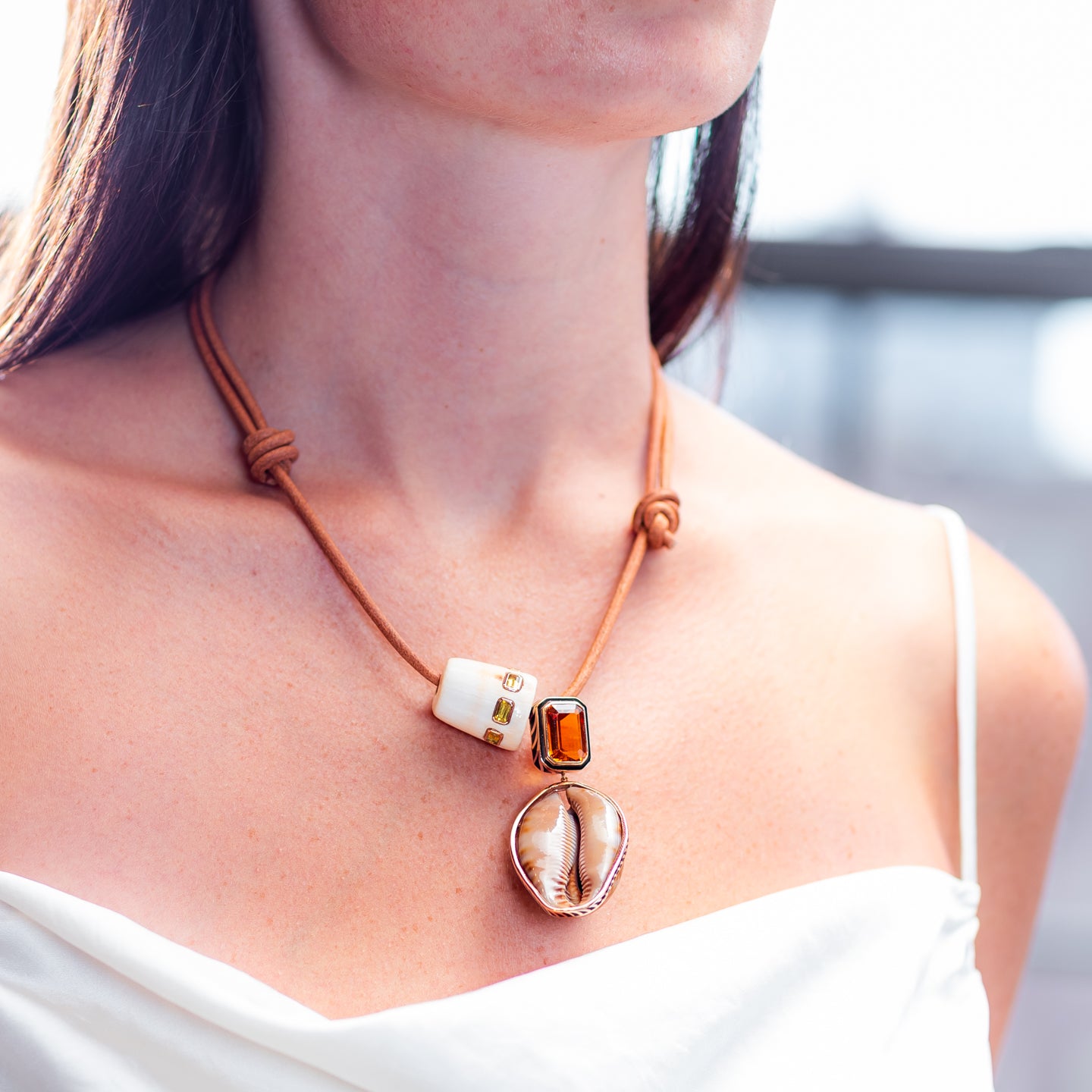 Dezso Leather Cord Necklace with Grande Cowry Shell with Citrine and Scapolite Shell Bead