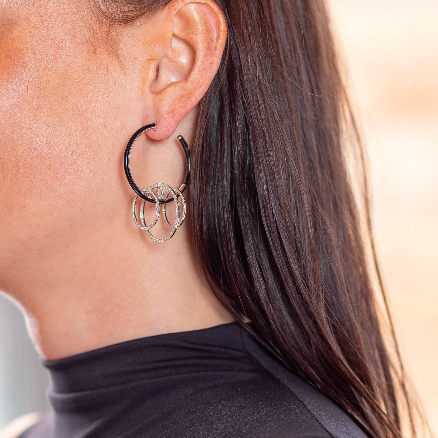 Nikos Koulis 'Oui' Hoop Earrings with Diamonds and Black Enamel