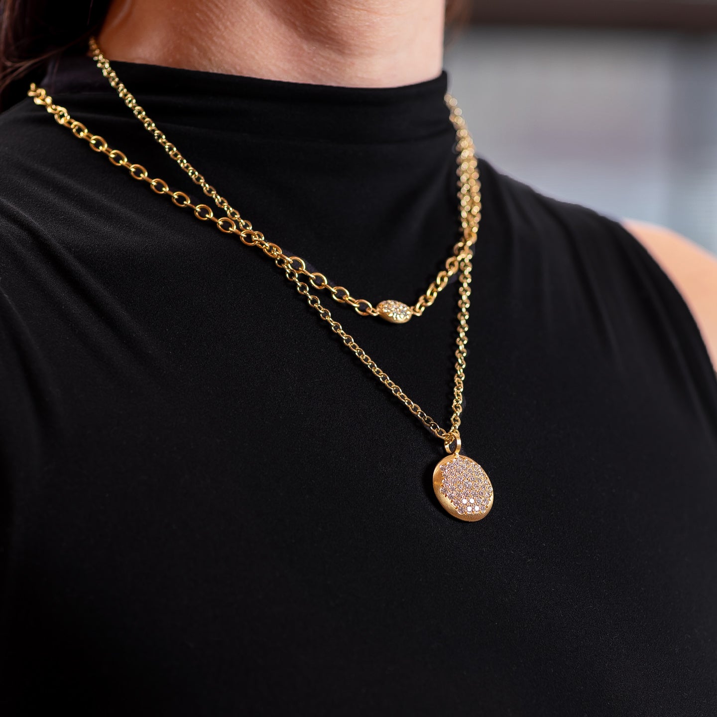 Caroline Ellen Large Diamond Pave Lentil Pendant Necklace