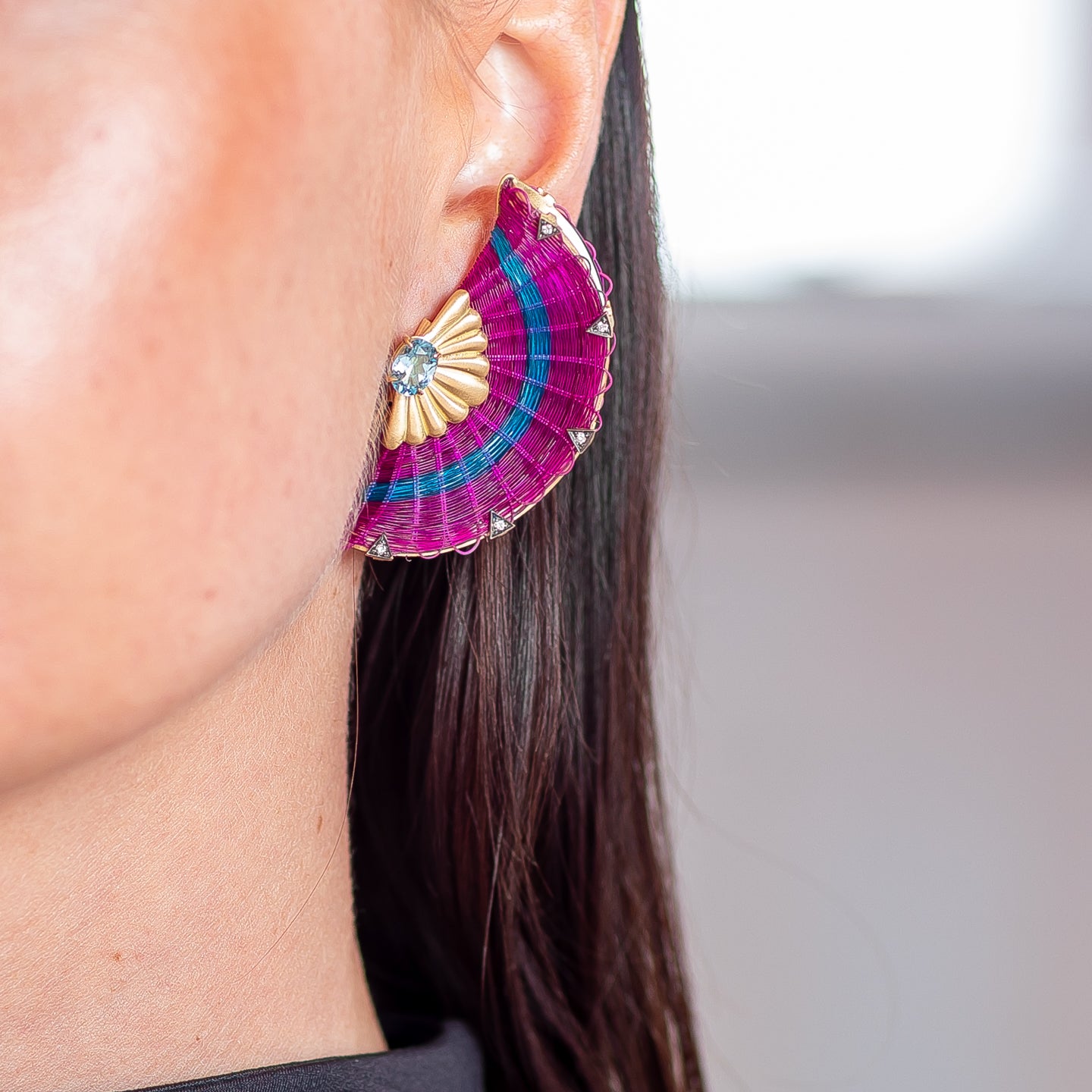 Silvia Furmanovich Half Moon Horse Mane Earrings with Diamond and Sky Topaz