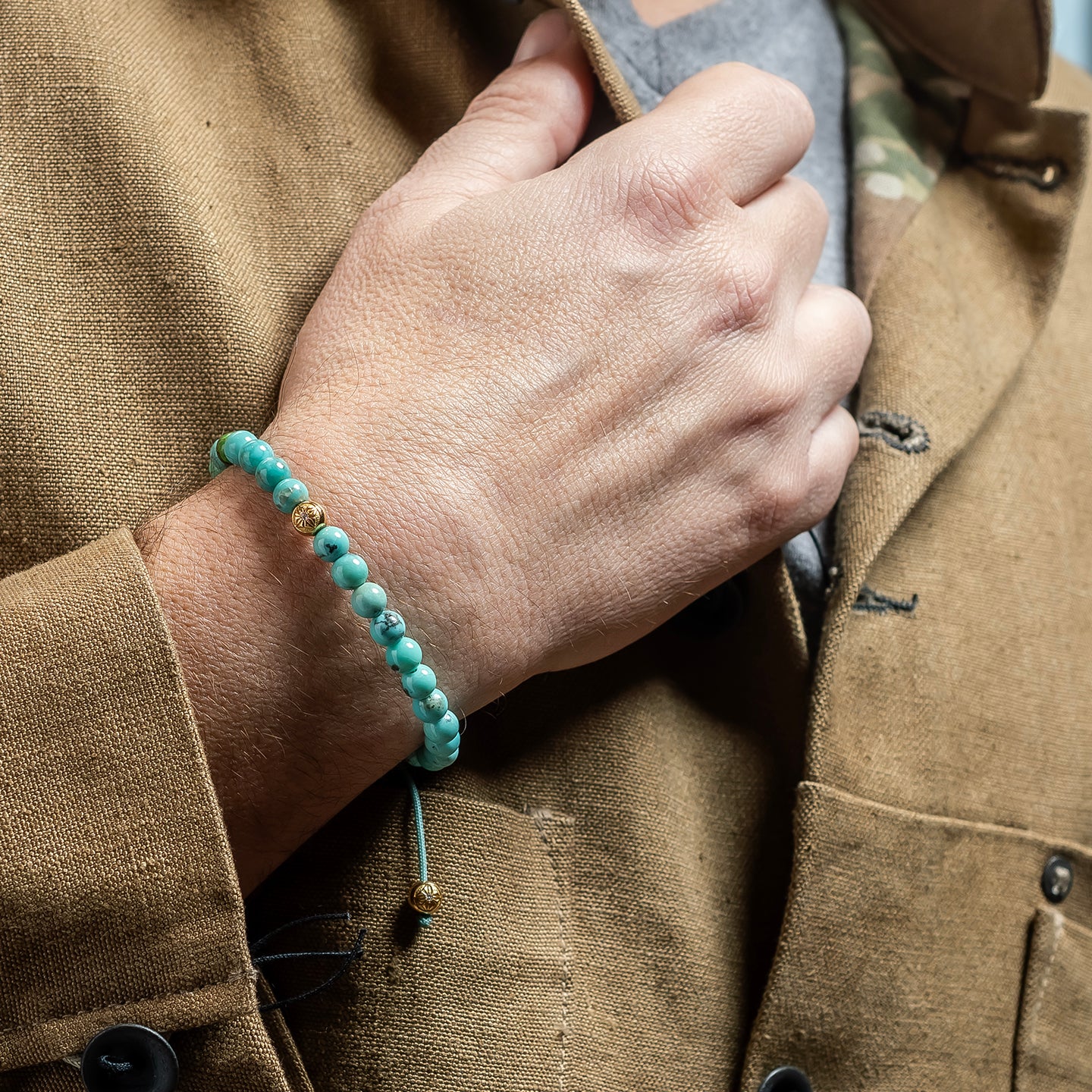Shamballa Jewels 6mm Non-Braided Beaded Bracelet with Turquoise, Green Turquoise and Yellow Gold on Turquoise Cord