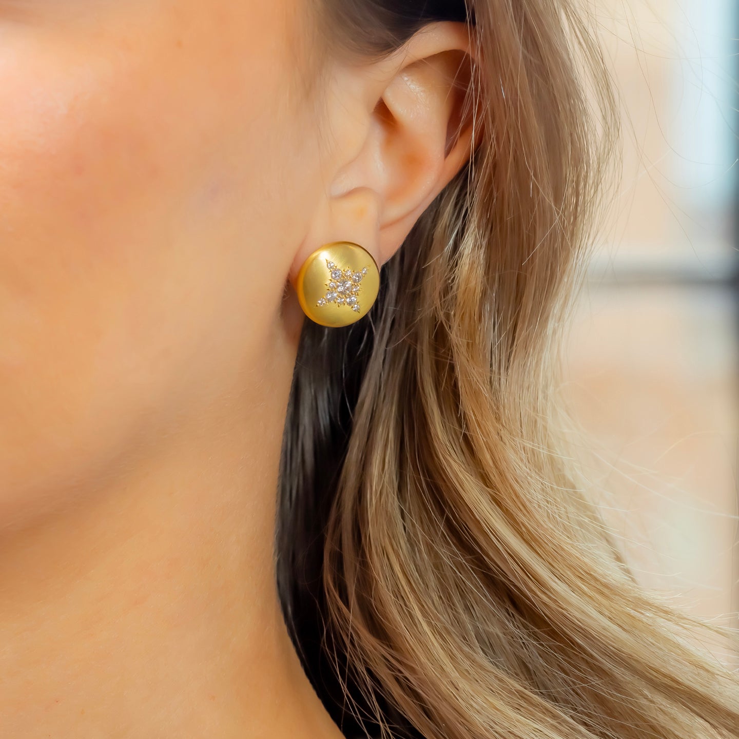 Caroline Ellen Large Lentil Stud Earring with Diamond Star Pattern