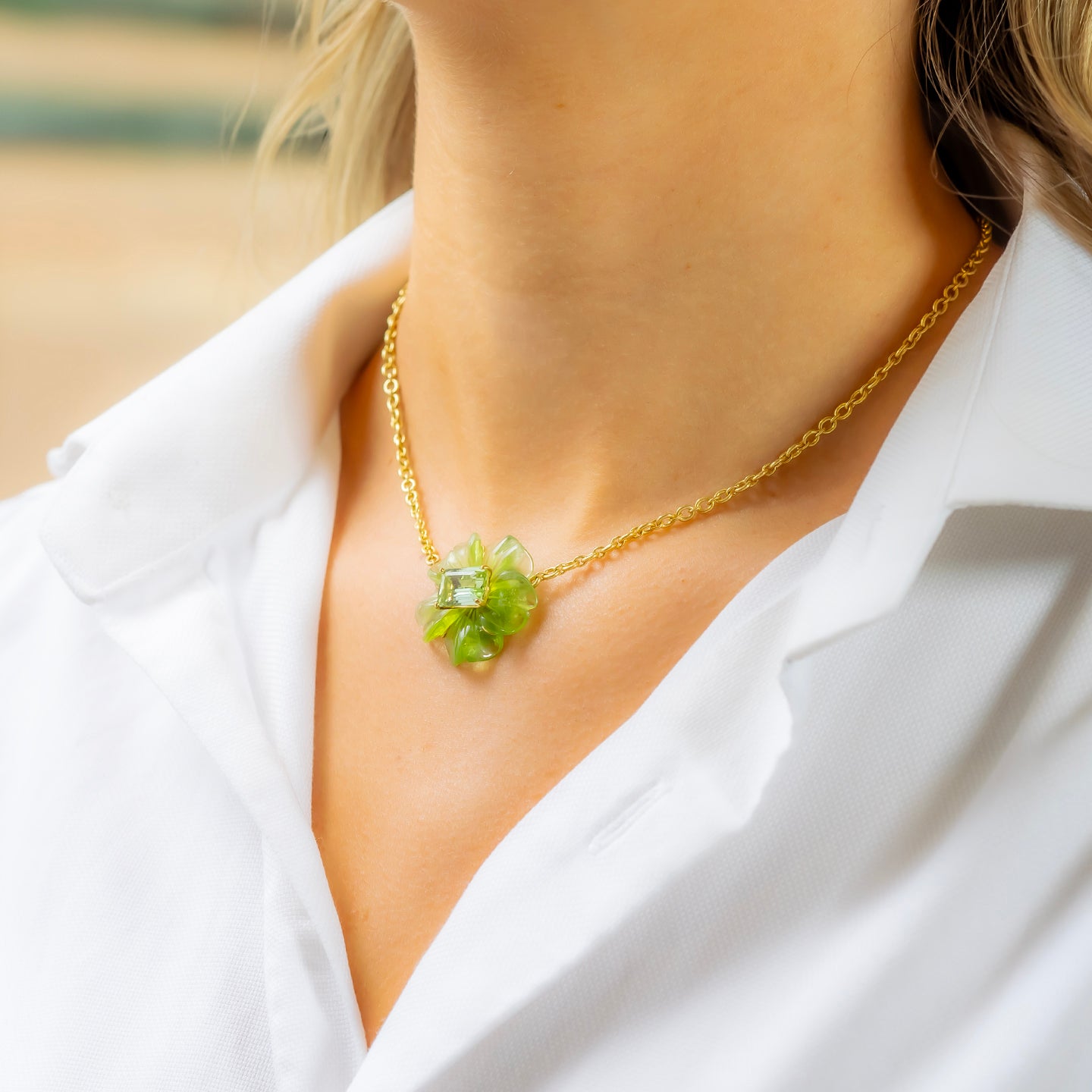 Irene Neuwirth Tropical Flower One-of-a-Kind Carved Peridot and Green Tourmaline Necklace