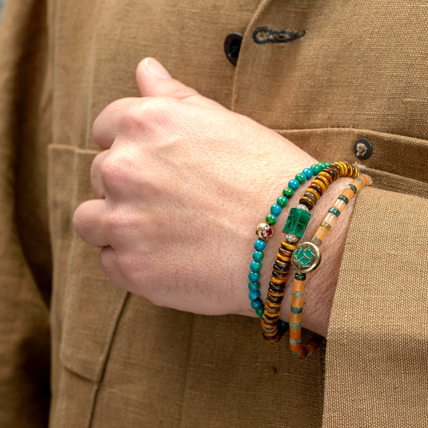 Luis Morais Large Disk with Enamel Scarab Symbol on Gemstone Beaded Bracelet