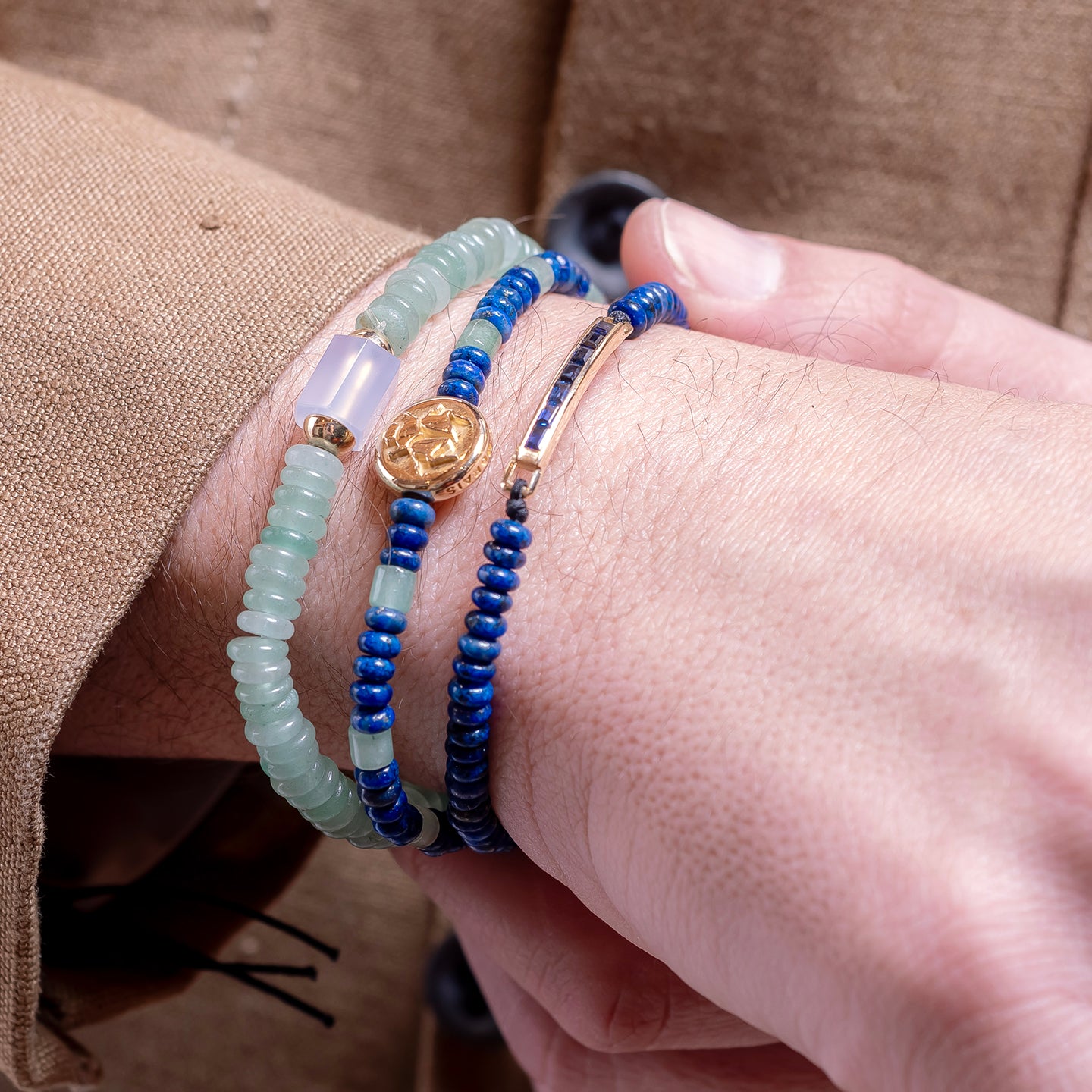 Luis Morais Hexagon Blue Chalcedony Bolt Bead on Gemstone Beaded Bracelet