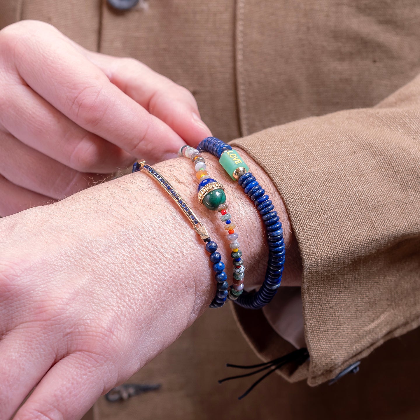 Luis Morais Medium Hexagon Chrysoprase Bolt Bead with Carved and Enameled 'More Love' On Gemstone Beaded Bracelet