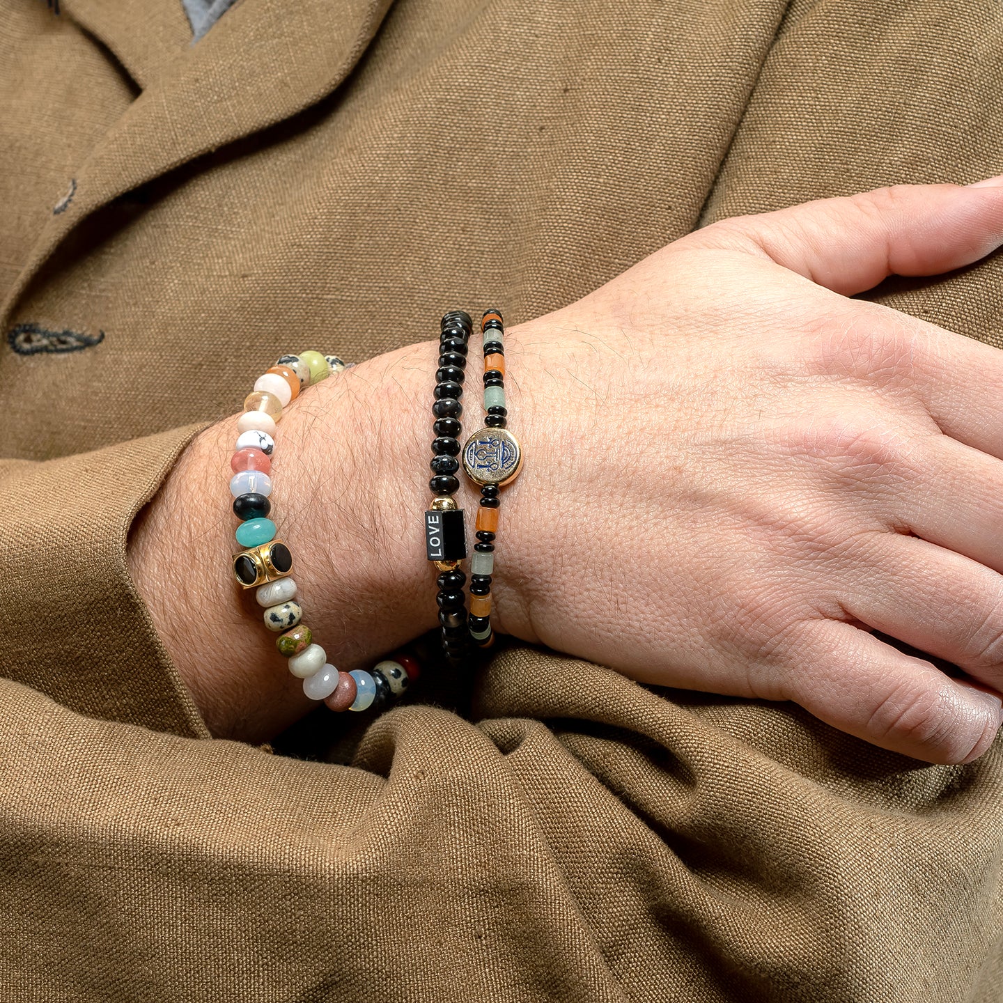 Luis Morais Medium Hexagon Onyx Bolt Bead with Carved and Enameled 'More Love' On Gemstone Beaded Bracelet