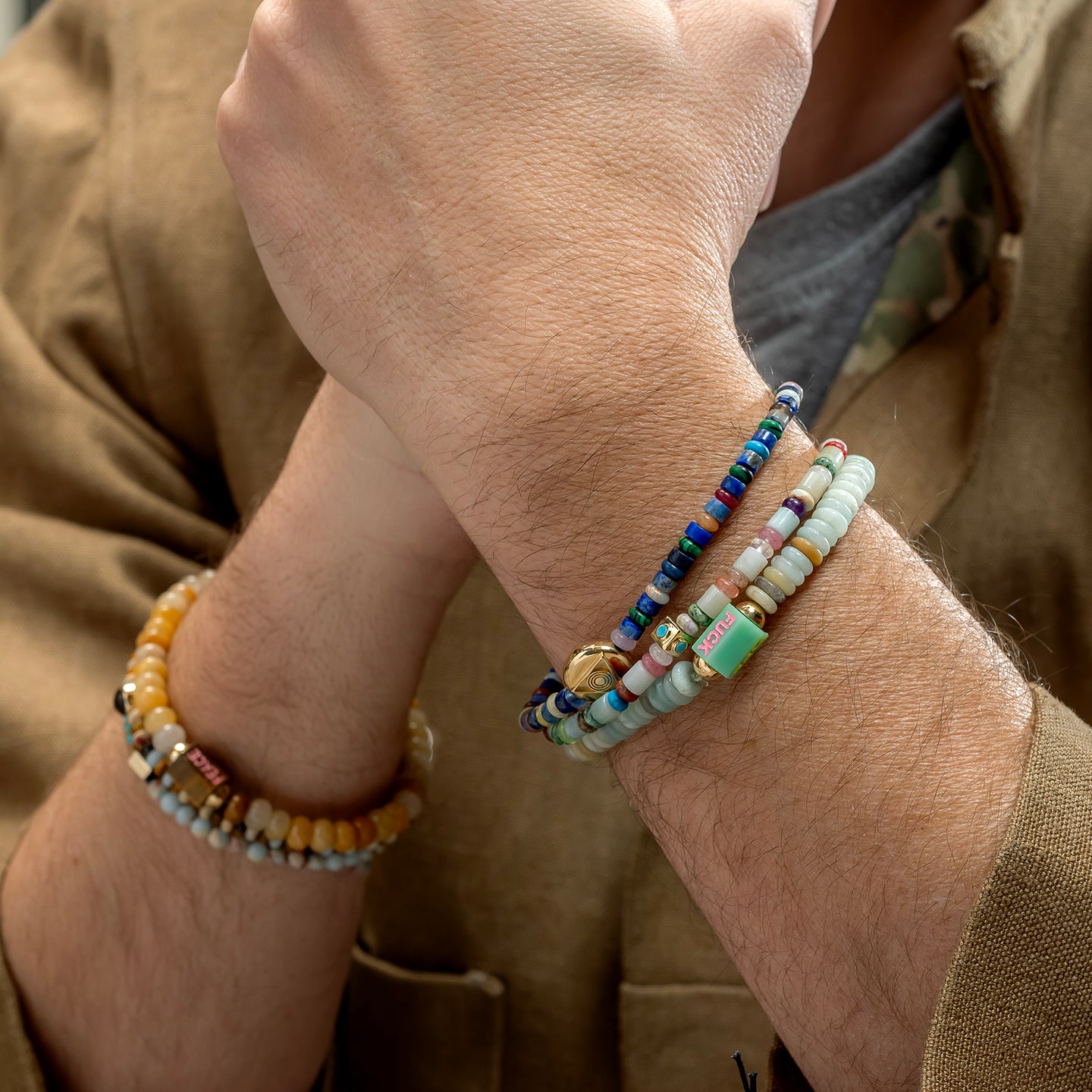 Luis Morais Gemstone Beaded Bracelet with large Disk with Light of the Majestic Symbol