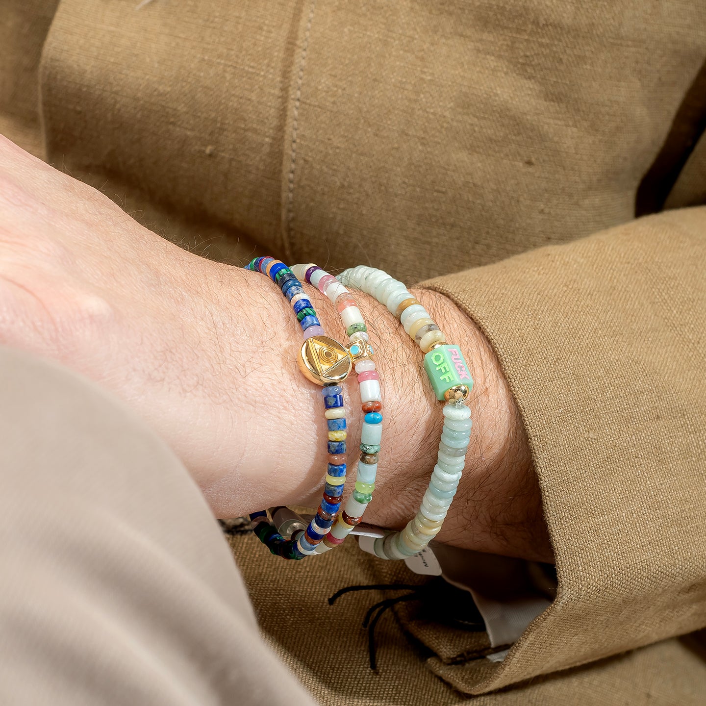 Luis Morais Small Gold Lego Cube on Gemstone Beaded Bracelet