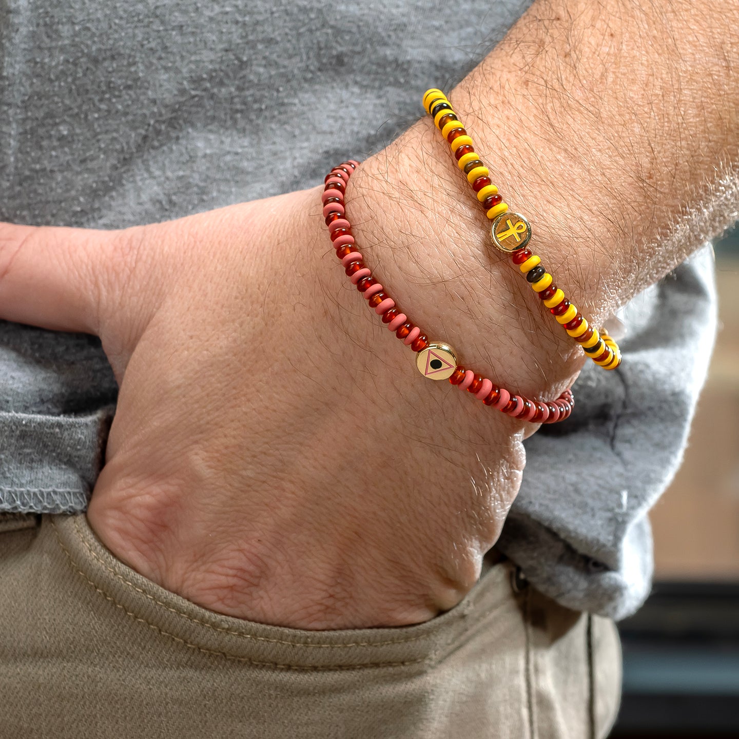 Luis Morais Gold Small Disk with Enamel Light of the Majestic Symbol on Coated Hematite and Gemstone Beaded Bracelet