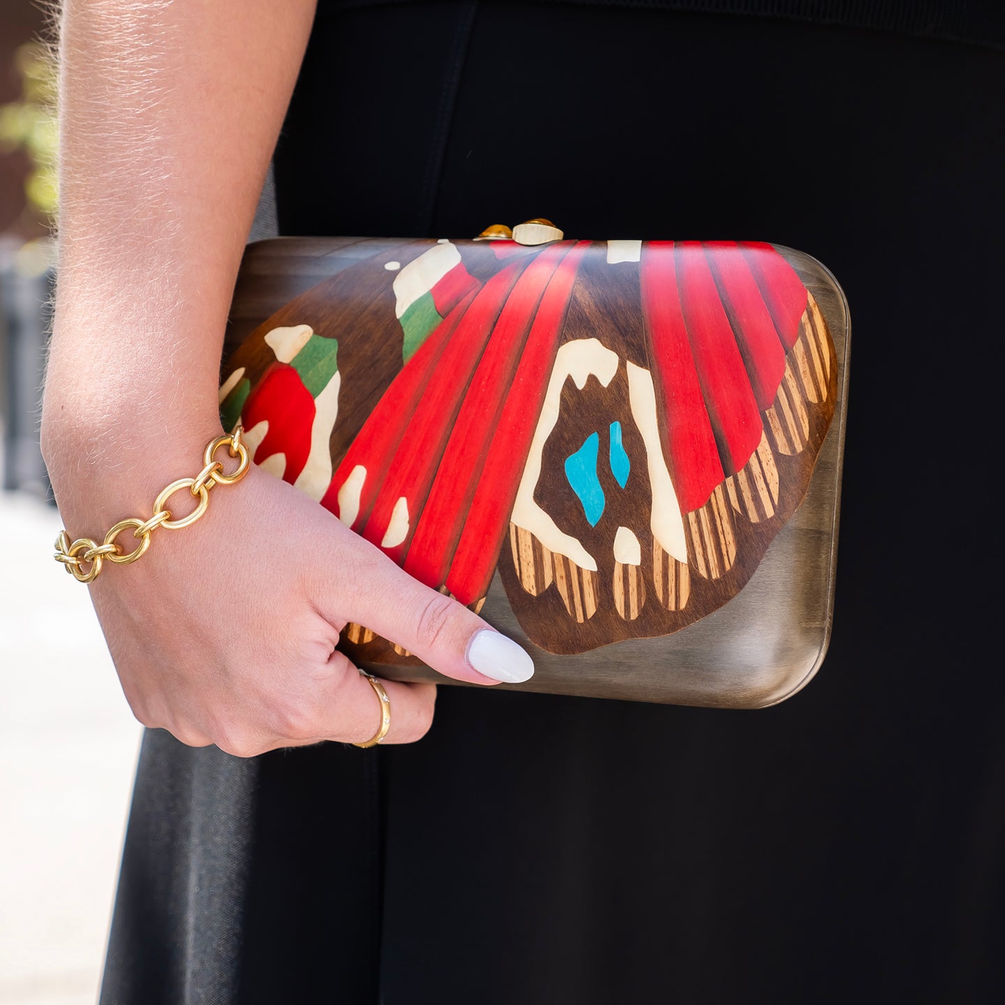 Silvia Furmanovich Marquetry Clutch with Red Butterfly Wing Motif and Citrine