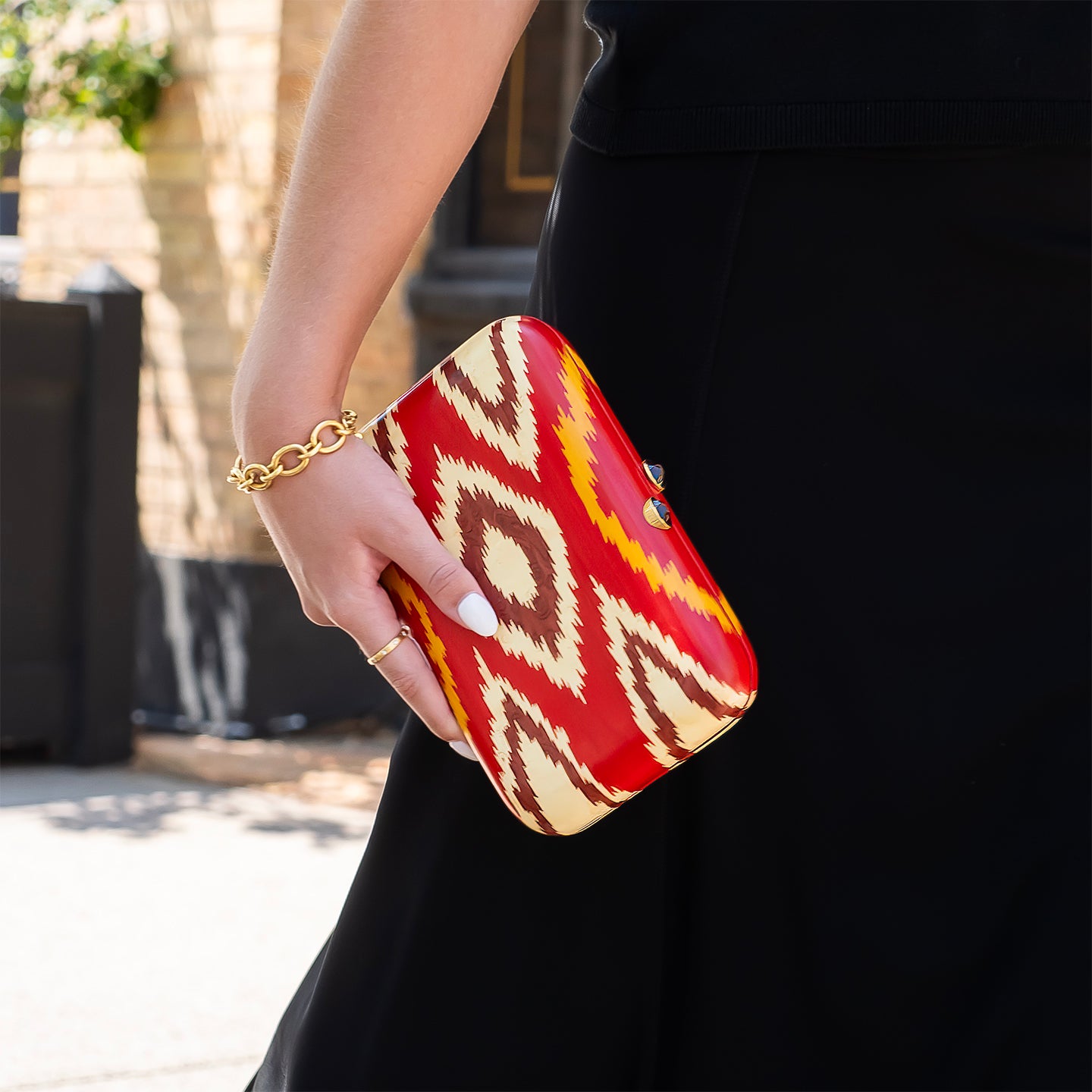 Silvia Furmanovich Marquetry Clutch with Pink Ikat Motif and Garnet