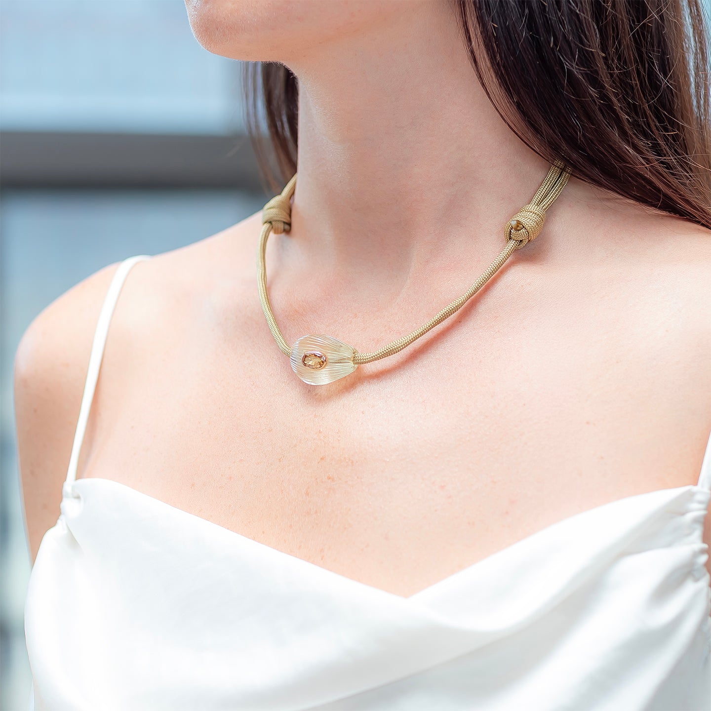 Dezso Classic Lemon Quartz Coquito Bead with Garnet on Tan Cord Necklace