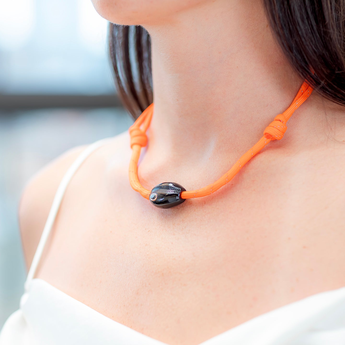 Dezso Classic Onyx Cowrie Bead with Sillimanite on Orange Cord Necklace