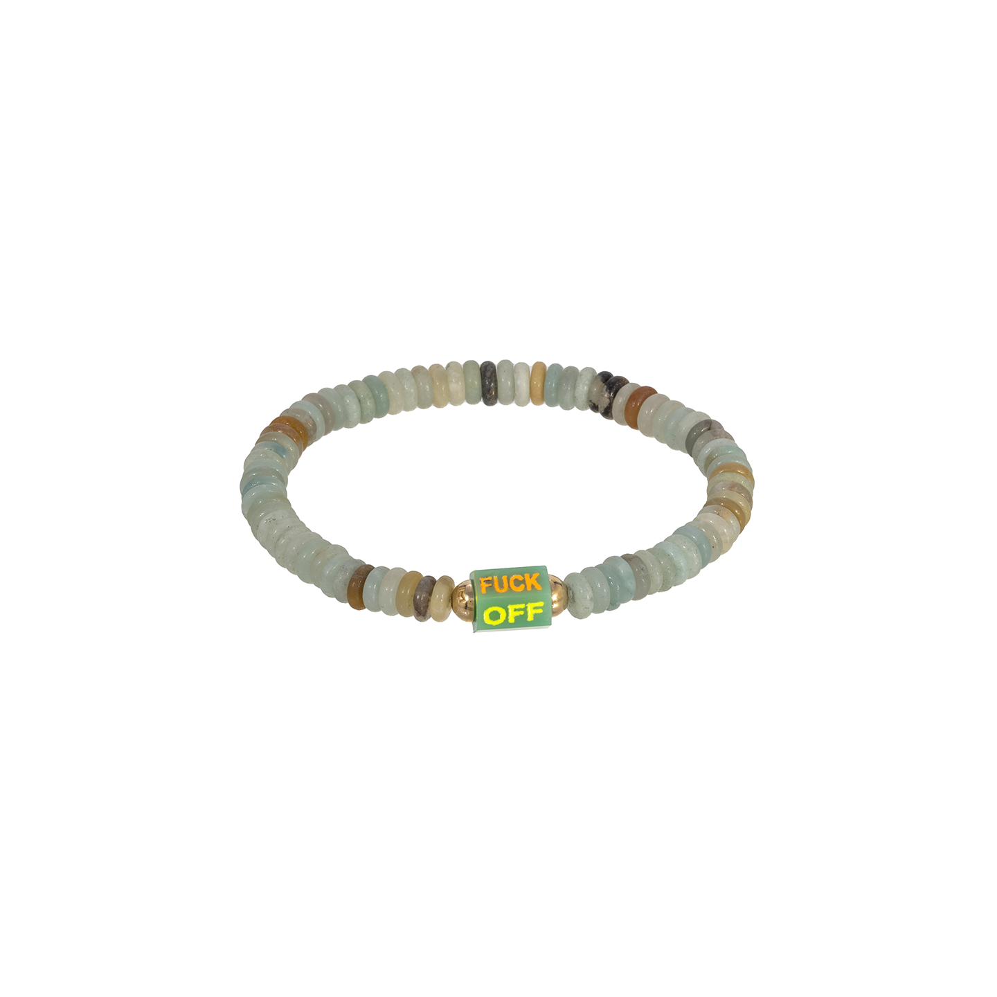 Luis Morais Medium Hexagon Chrysoprase Bolt Bead with Carved and Enameled 'F*ck Off' On Gemstone Beaded Bracelet