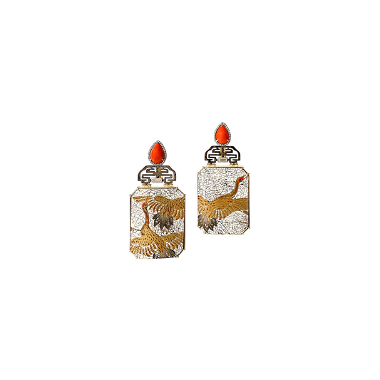 Silvia Furmanovich Bird Earrings with Diamond, Coral, and Wood