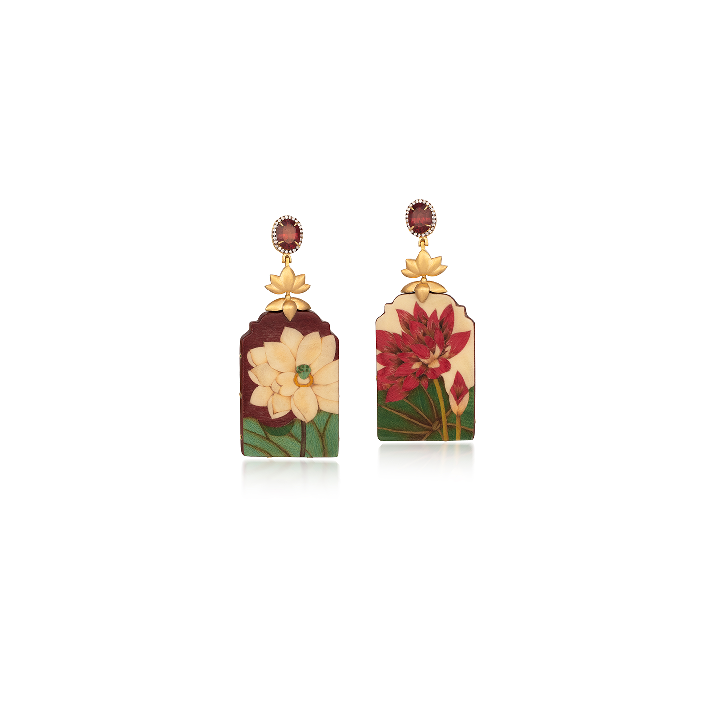 Silvia Furmanovich Double Sided Marquetry Lotus Earrings with Tsavorite, Diamond, and Garnet