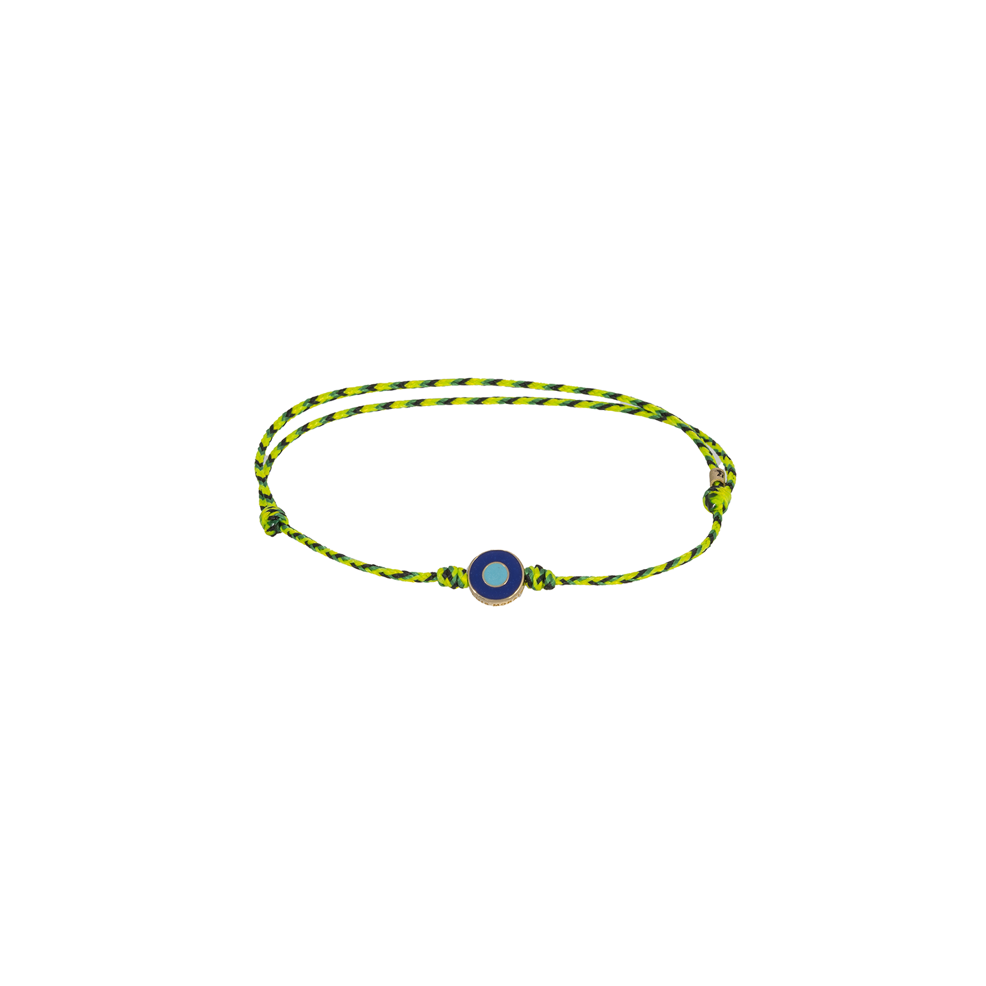 Luis Morais Small Disk with Recessed Double Enameled Green and Turquoise Evil Eye on Cord Bracelet