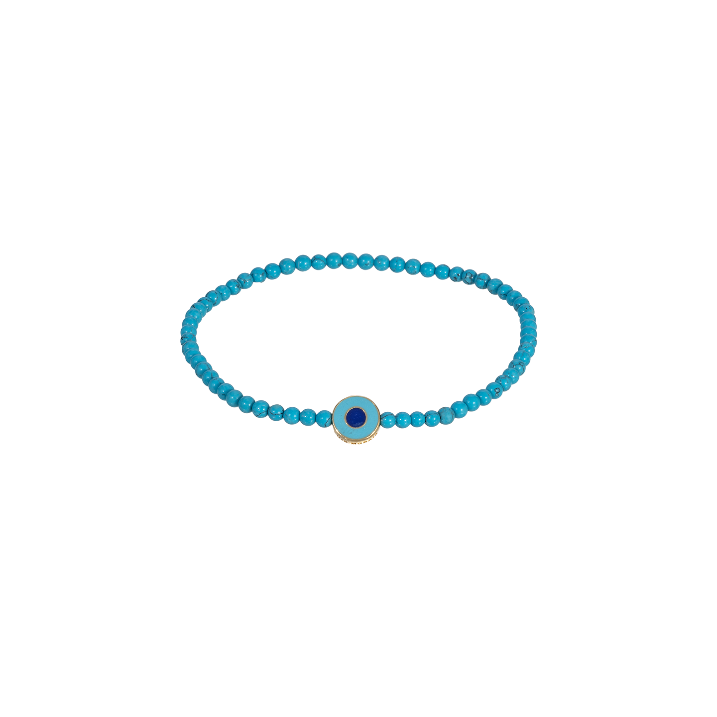 Luis Morais Small Disk with Recessed Enameled Turquoise and Blue Evil Eye on Turquoise Gemstone Beaded Bracelet