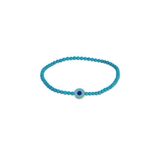 Luis Morais Small Disk with Recessed Enameled Turquoise and Blue Evil Eye on Turquoise Gemstone Beaded Bracelet