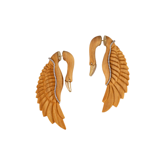 Silvia Furmanovich Carved Wooden Ear Jacket Swan Earrings with Diamonds