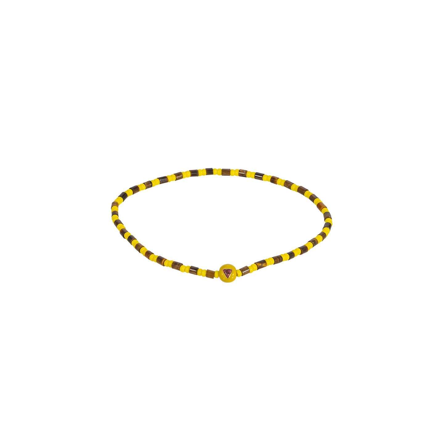 Luis Morais Medium Gold Yellow Enameled Ball Bead with Ruby Trillion on Gemstone Beaded Bracelet