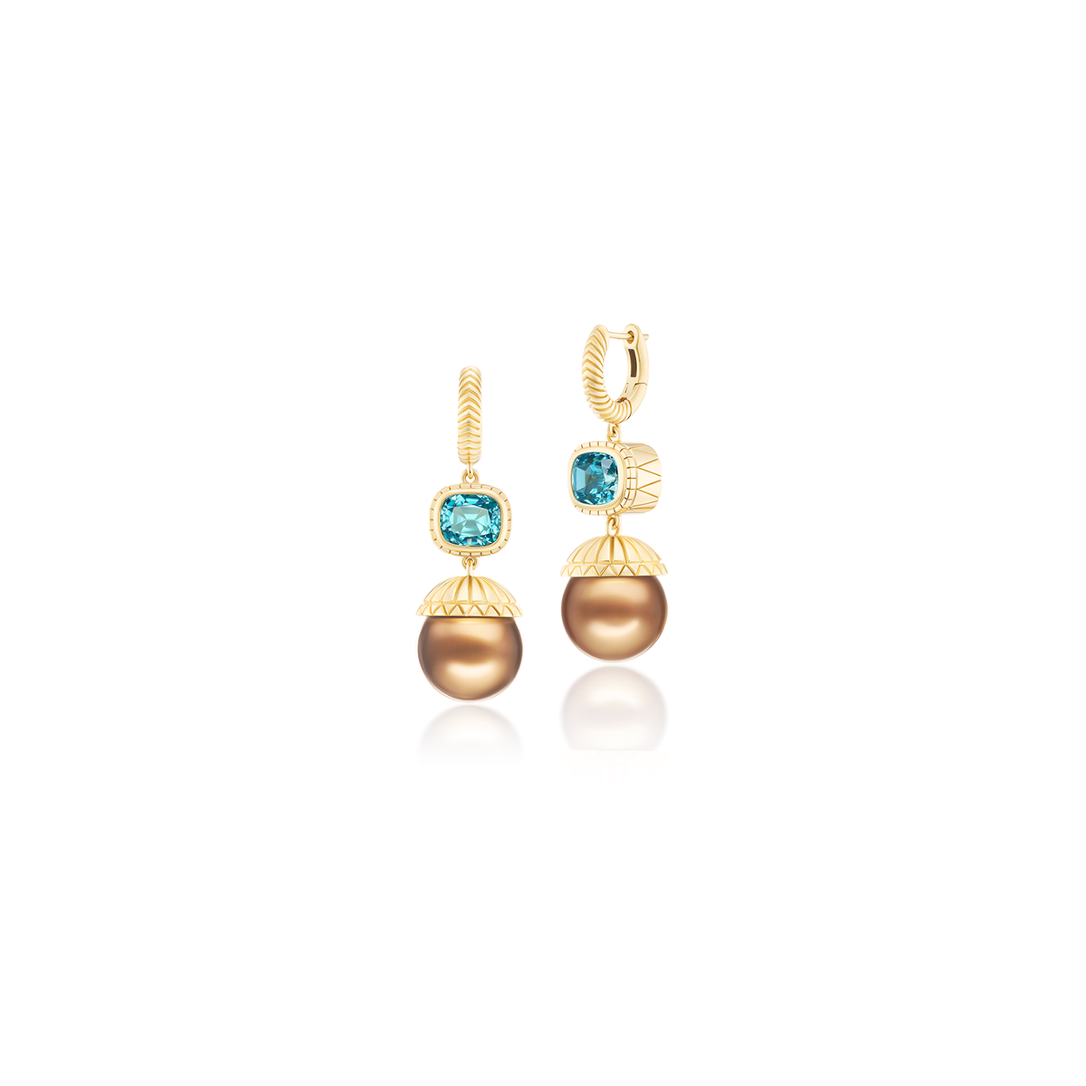 Harwell Godfrey One-of-a-Kind Blue Zircon and Chocolate Pearl Drop Huggies