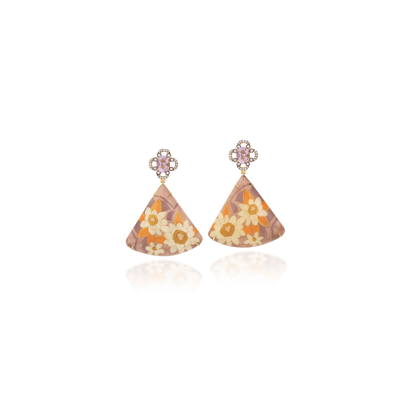 Silvia Furmanovich Triangular Marquetry Flower Motif Earrings with Diamond and Amethyst