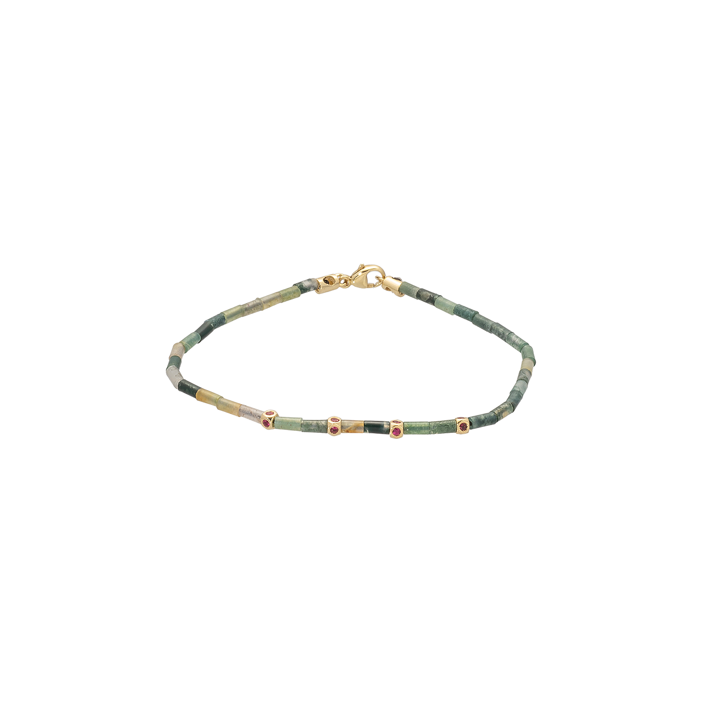 Luis Morais Four Sided Mini Tetras with Ruby on an Indian Agate Tube Beaded Bracelet