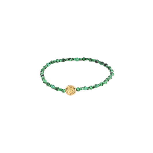 Luis Morais Gold Small Disk with Good Luck Symbol on Malachite Beaded Bracelet