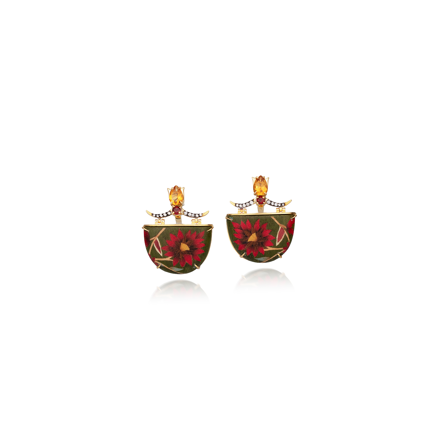 Silvia Furmanovich Marquetry Half Moon Earrings with Kashmir Flower Print, Diamond, Citrine, and Garnet
