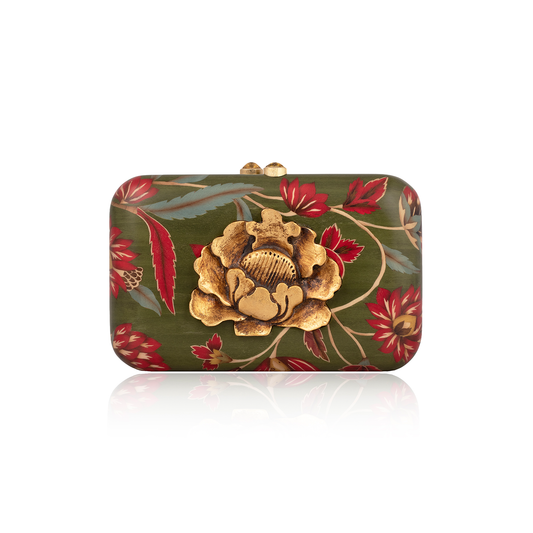 Silvia Furmanovich Marquetry Kashmir Floral Pattern Clutch with Burnished Wood Applique and Citrine