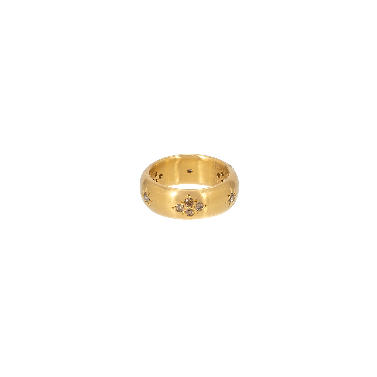 Caroline Ellen High Dome Rounded Wide Band with Cognac Diamond Cluster Star Motifs