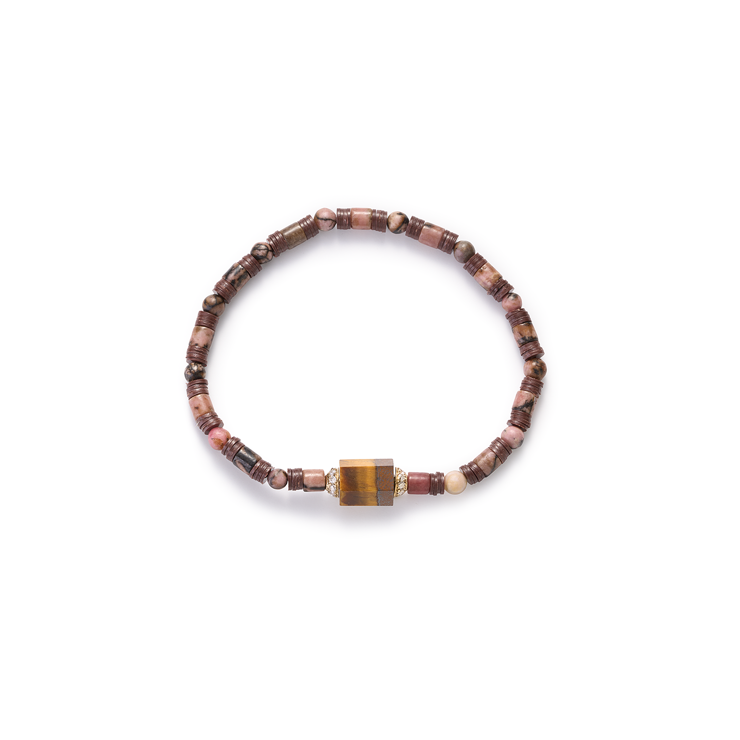 Luis Morais Hexagon Tigers Eye Bolt Bead with Diamond Channels on Beaded Bracelet