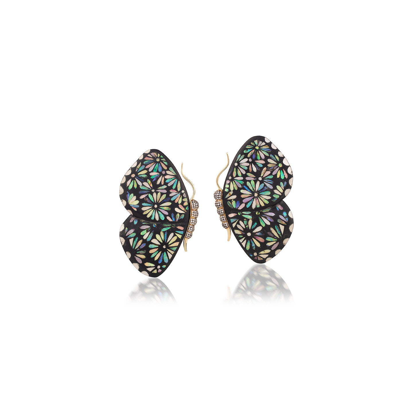 Silvia Furmanovich Marquetry Butterfly Wing Earrings with Mother of Pearl and Diamonds