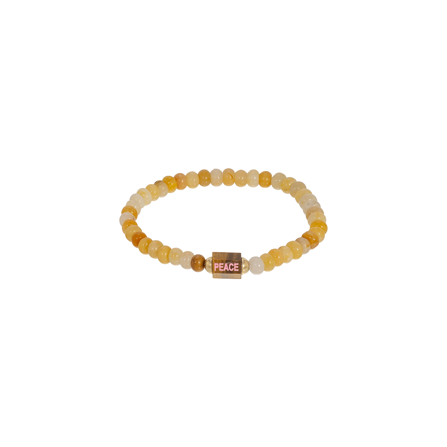 Luis Morais Medium Hexagon Tiger's Eye Bolt Bead with Carved and Enameled 'Peace' on Gemstone Beaded Bracelet