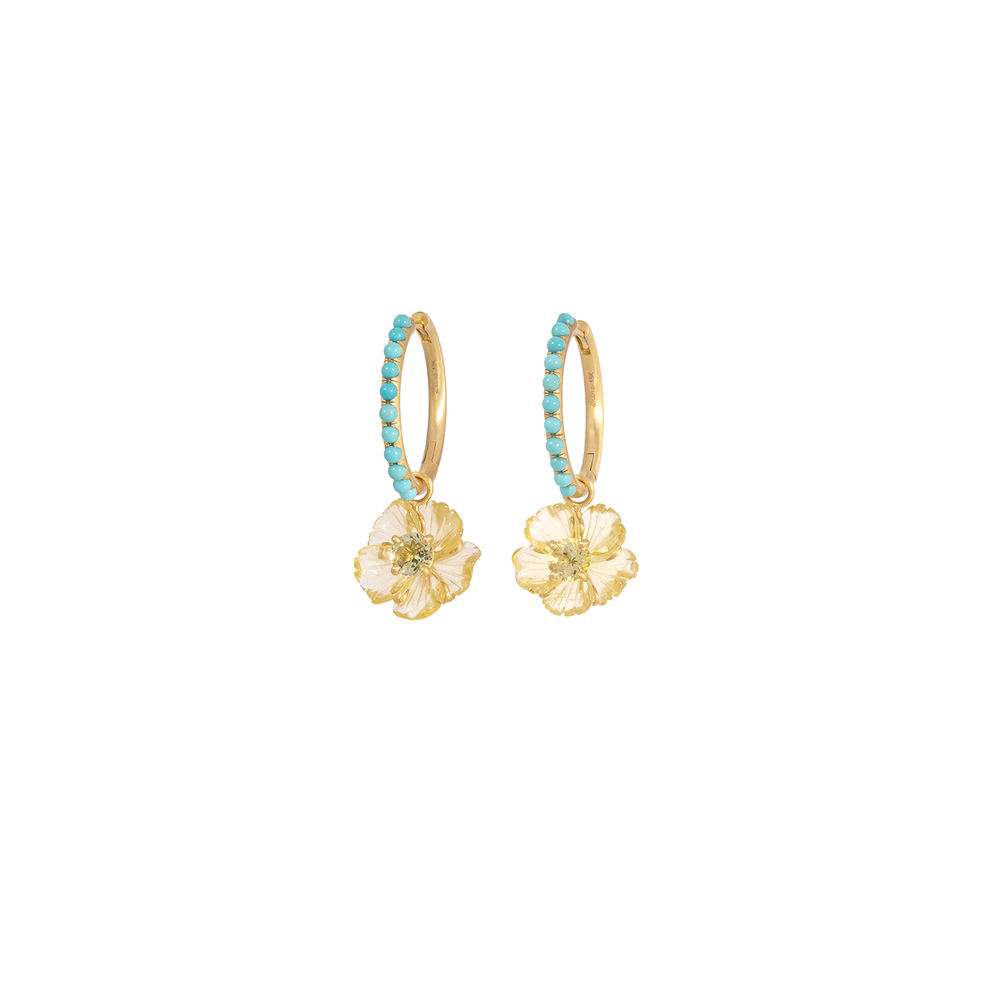 Irene Neuwirth 'Tropical' Carved Flower Earrings with Beryl on Hoops set with Kingman Turquoise