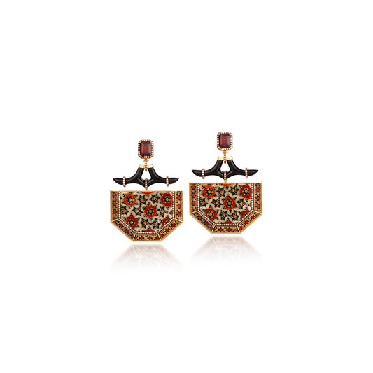 Silvia Furmanovich Marquetry Earrings of Khatam, Diamond, Grenade and Onyx