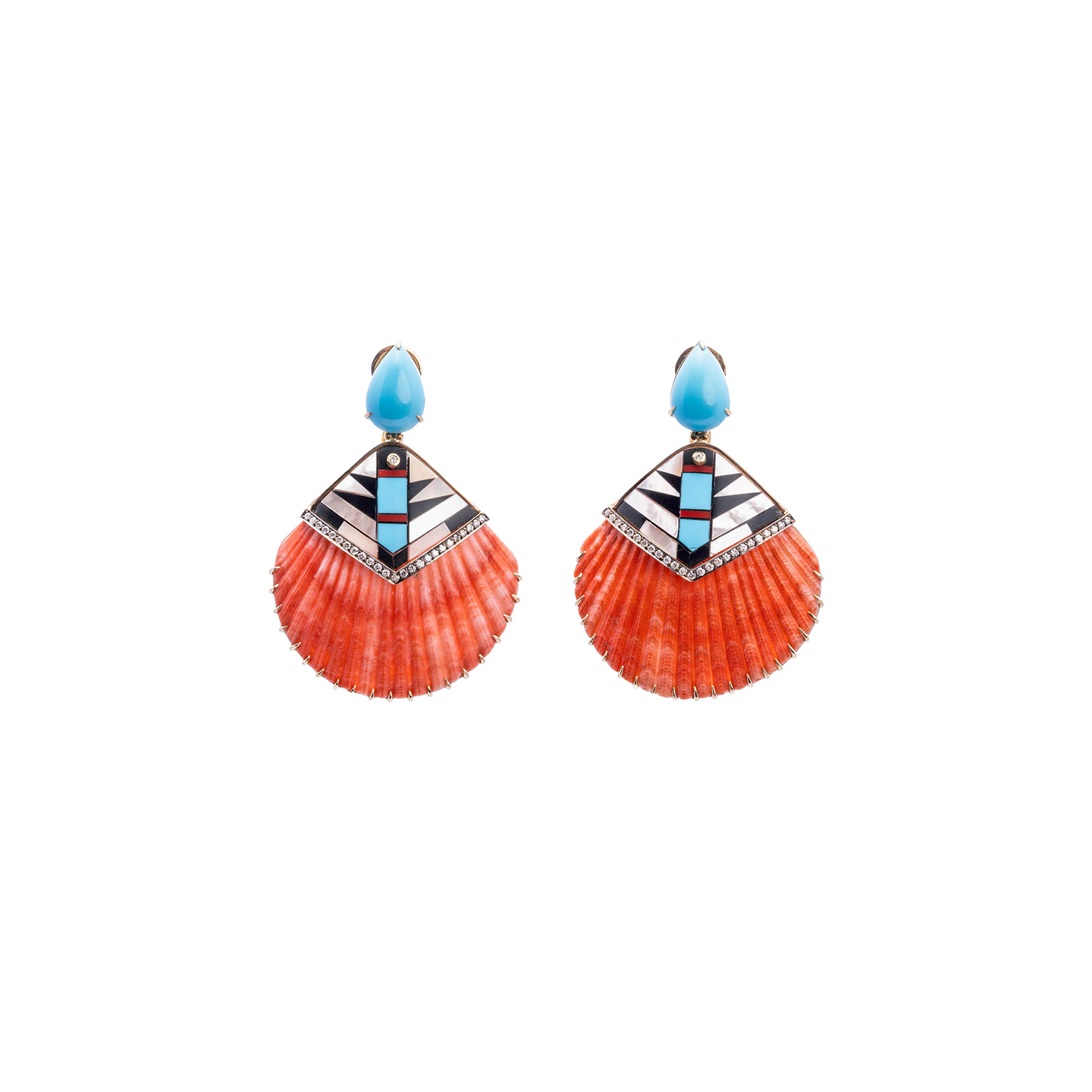 Silvia Furmanovich Natural Sea Shell Earrings with Diamond and Turquoise