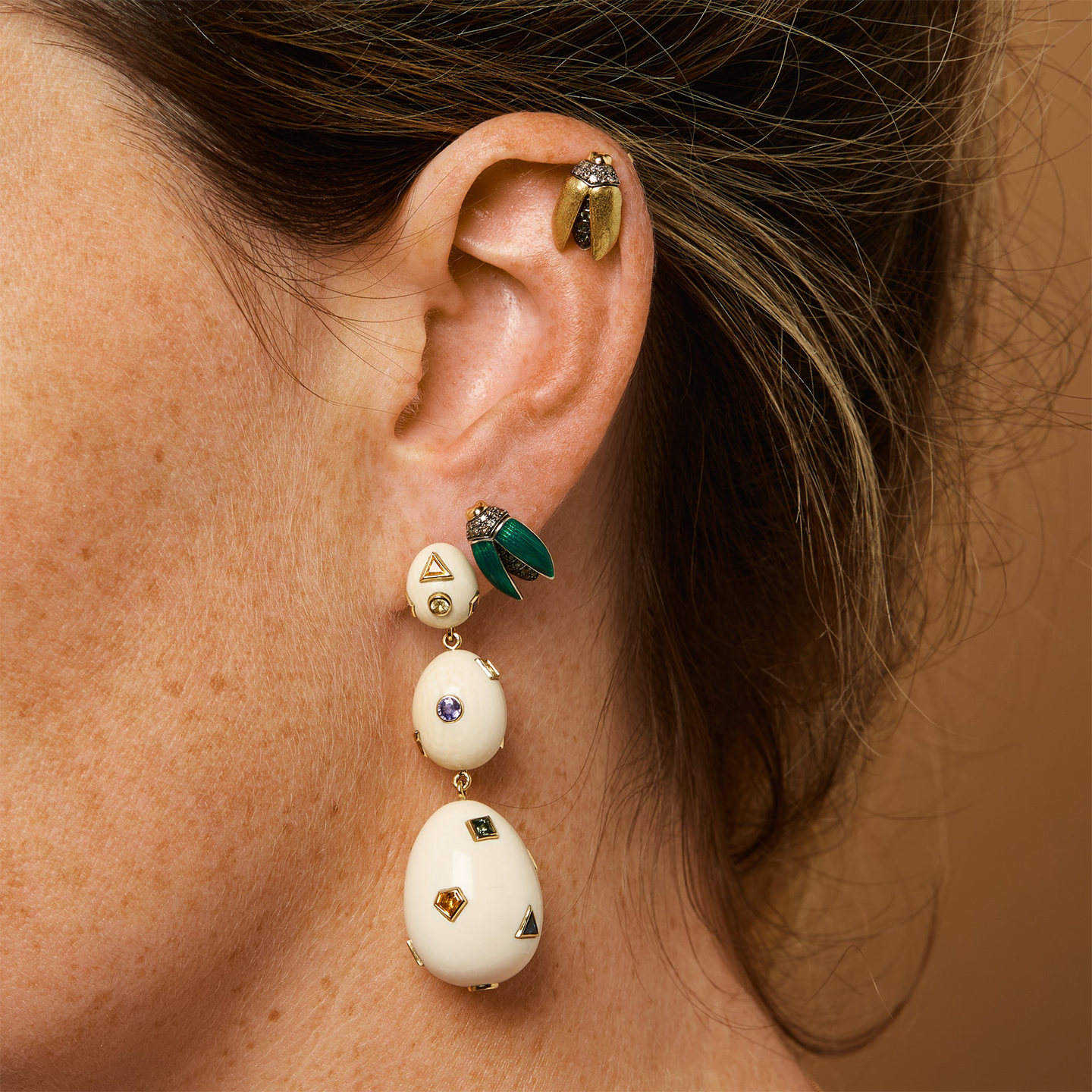 Bibi Van Der Velden Mini Scarab Green Enamel Fly Wings Studs