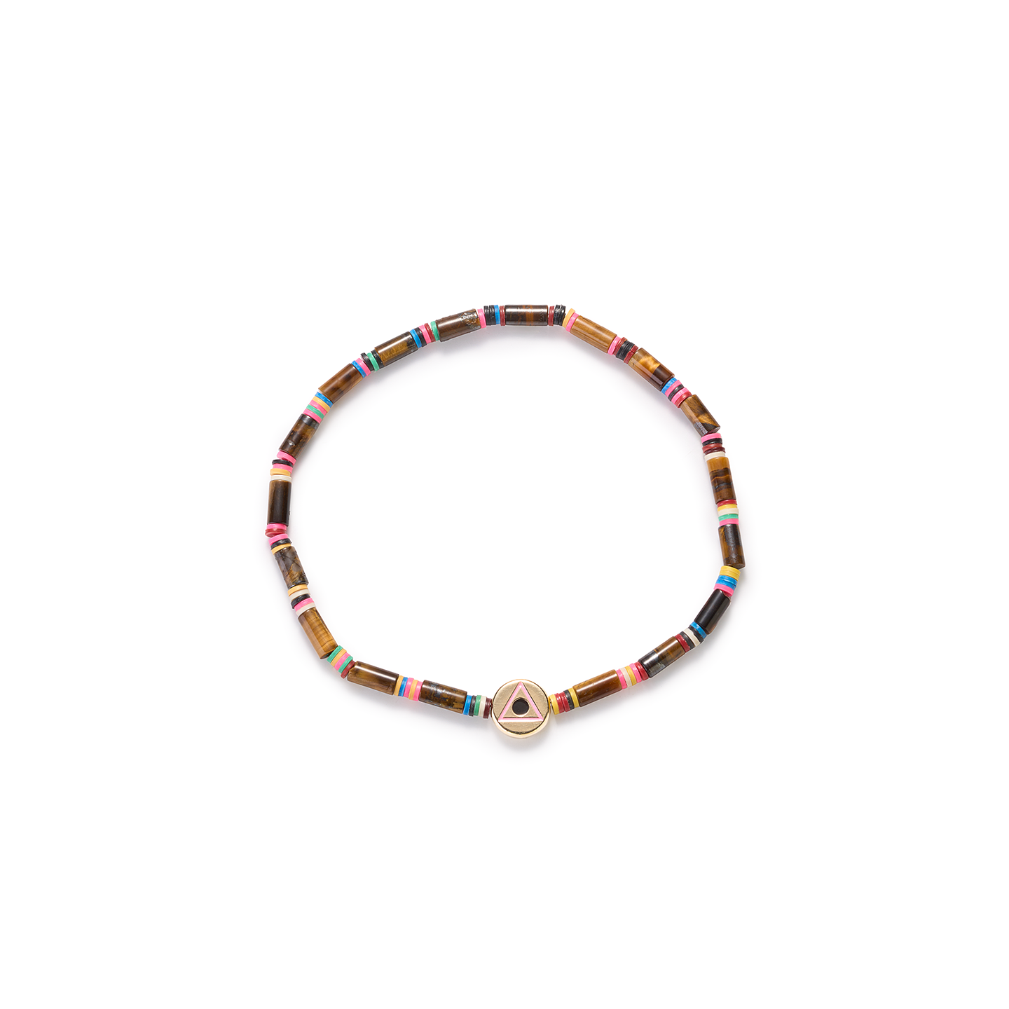 Luis Morais Gold Small Disk with Enamel Light of the Majestic Symbol on Gemstone and Vinyl Beaded Bracelet