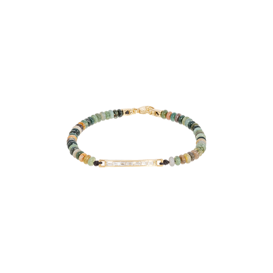 Luis Morais Medium Link ID Bar with Diamond Baguettes on Agate Beaded Bracelet